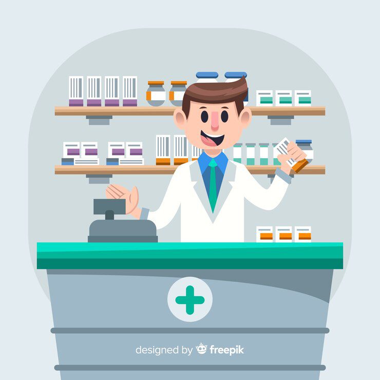 farmaceutico-plano-atendendo-clientes-fundo_23-2148169219